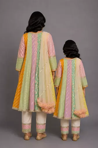 Off white multicolor cotton silk mother daughter anarkali combo set