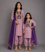 Purple embroidered cotton silk mother daughter kurti combo set