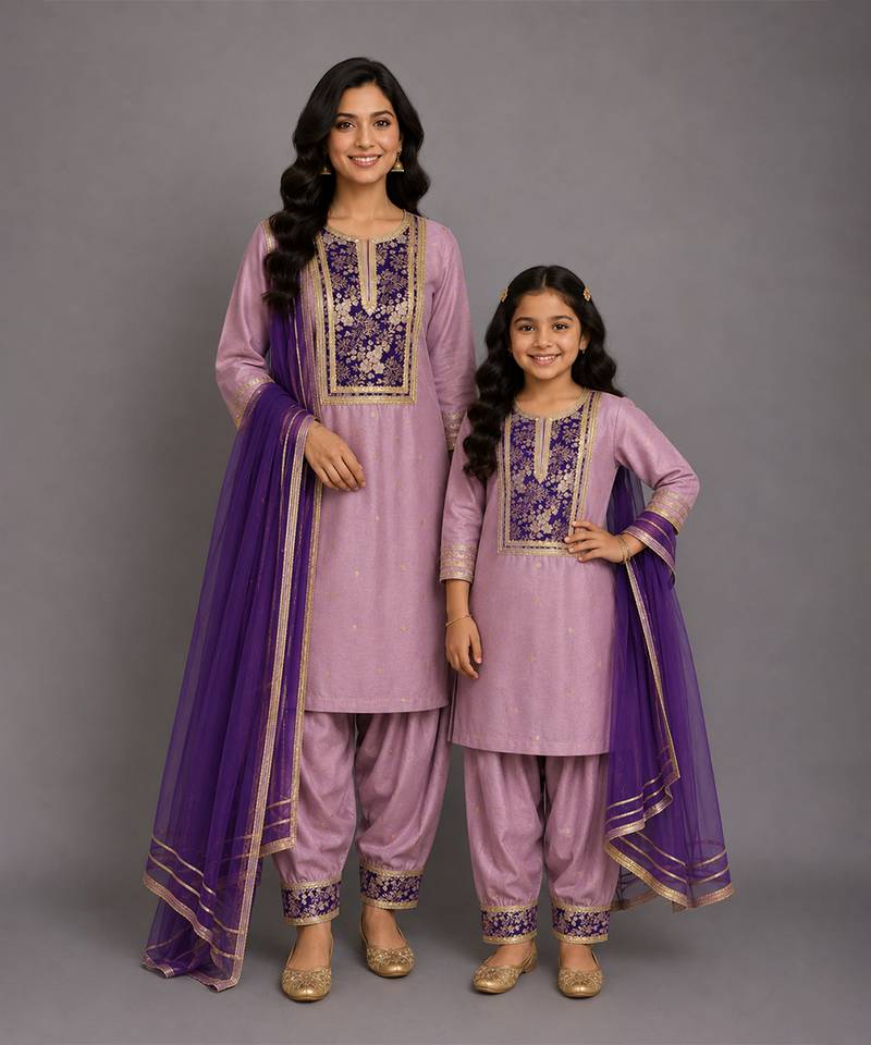 Purple embroidered cotton silk mother daughter kurti combo set