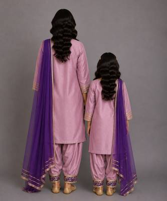 Purple embroidered cotton silk mother daughter kurti combo set 2