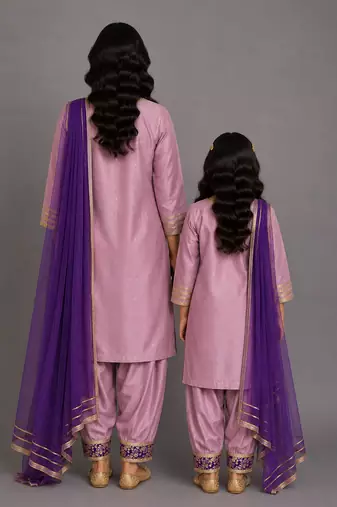 Purple embroidered cotton silk mother daughter kurti combo set