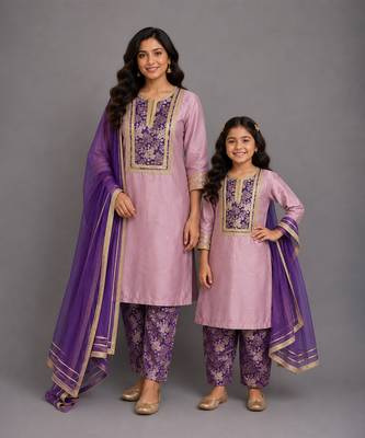 Lilac purple embroidered cotton silk mother daughter kurti combo set 1