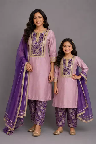 Lilac purple embroidered cotton silk mother daughter kurti combo set