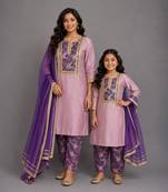 Lilac purple embroidered cotton silk mother daughter kurti combo set