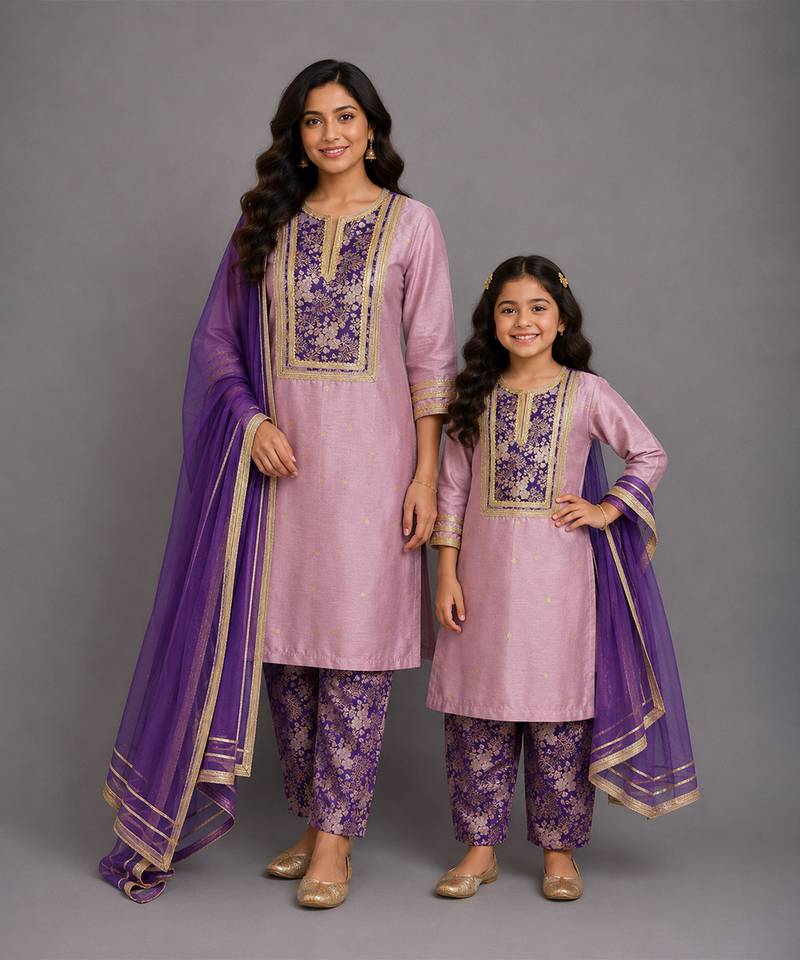 Lilac purple embroidered cotton silk mother daughter kurti combo set