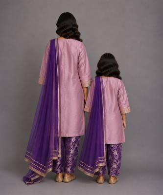 Lilac purple embroidered cotton silk mother daughter kurti combo set 2