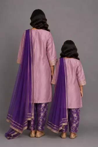 Lilac purple embroidered cotton silk mother daughter kurti combo set