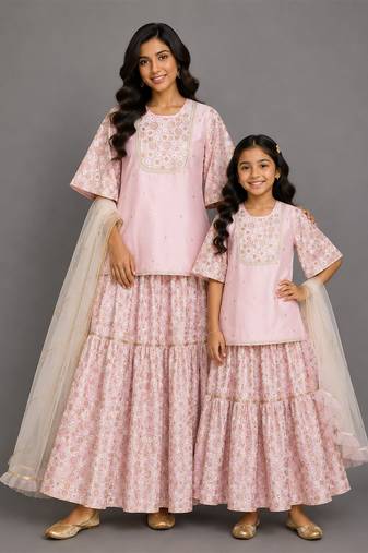 Baby pink embroidered silk mother daughter sharara skirt combo set
