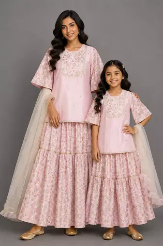 Baby pink embroidered silk mother daughter sharara skirt combo set