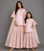 Baby pink embroidered silk mother daughter sharara skirt combo set