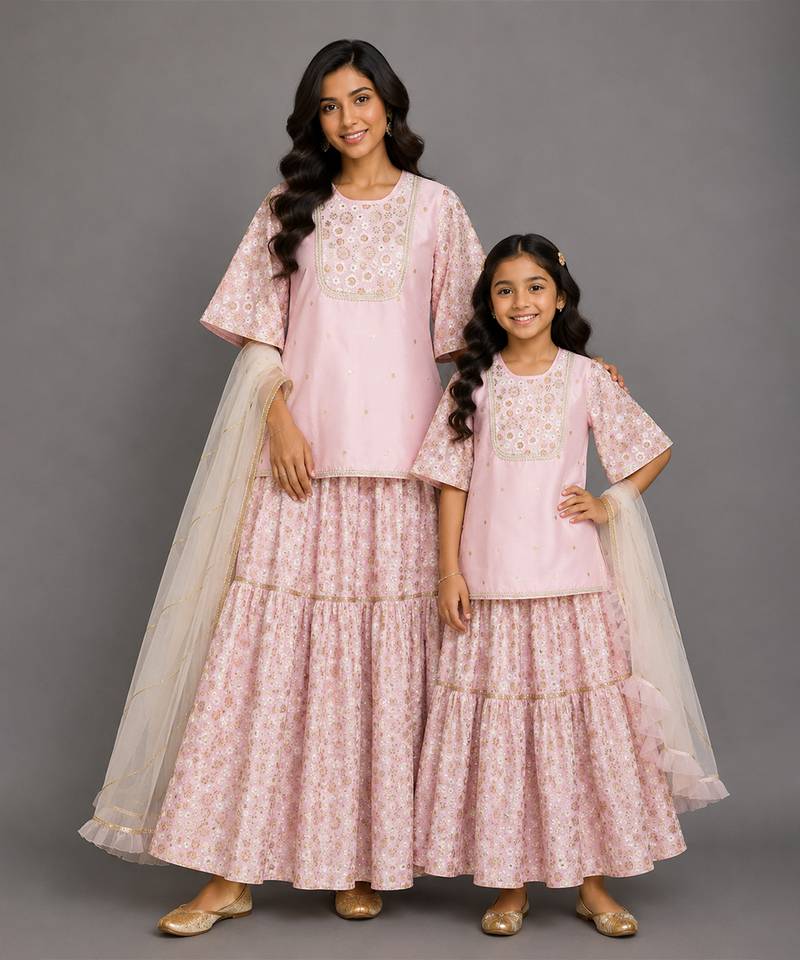 Baby pink embroidered silk mother daughter sharara skirt combo set