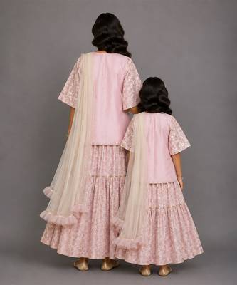 Baby pink embroidered silk mother daughter sharara skirt combo set 2