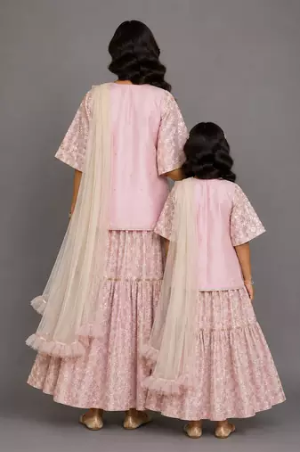 Baby pink embroidered silk mother daughter sharara skirt combo set