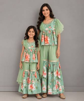 Mint green printed cotton silk mother daughter sharara combo set 1