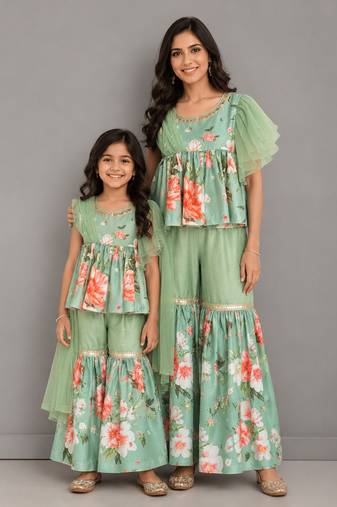 Mint green printed cotton silk mother daughter sharara combo set