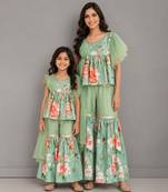 Mint green printed cotton silk mother daughter sharara combo set