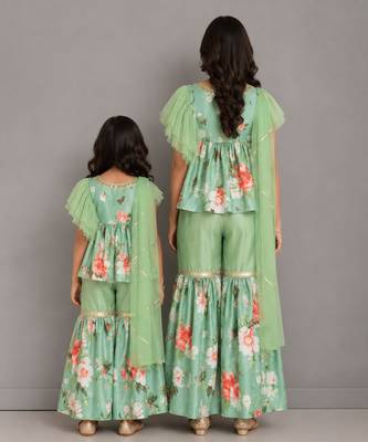 Mint green printed cotton silk mother daughter sharara combo set 2