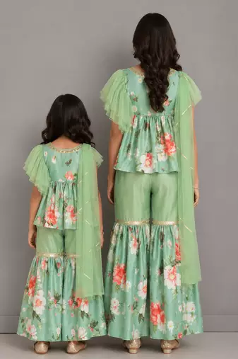 Mint green printed cotton silk mother daughter sharara combo set