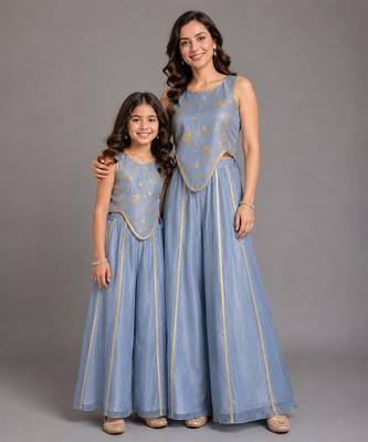 Blue printed organza mother daughter combo co ord set 1