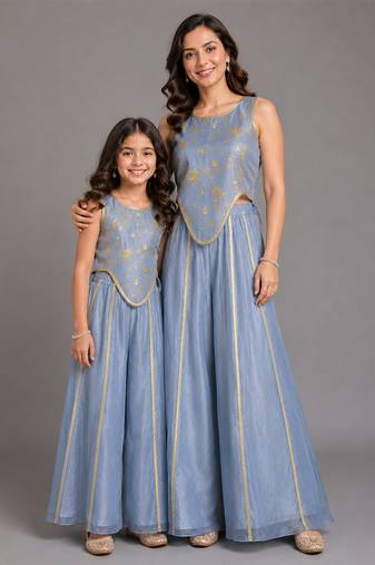 Blue printed organza mother daughter combo co ord set