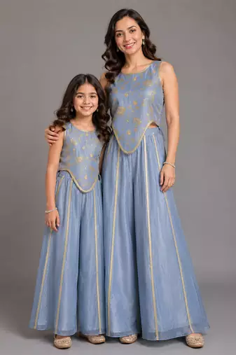 Blue printed organza mother daughter combo co ord set