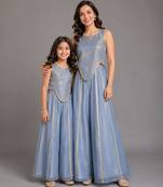 Blue printed organza mother daughter combo co ord set