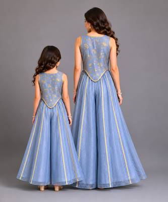 Blue printed organza mother daughter combo co ord set 2