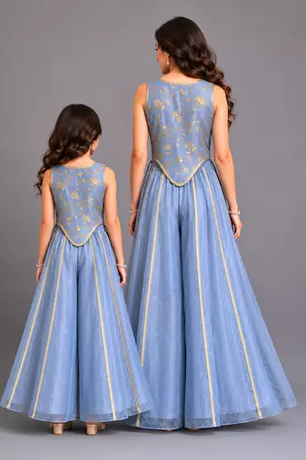 Blue printed organza mother daughter combo co ord set