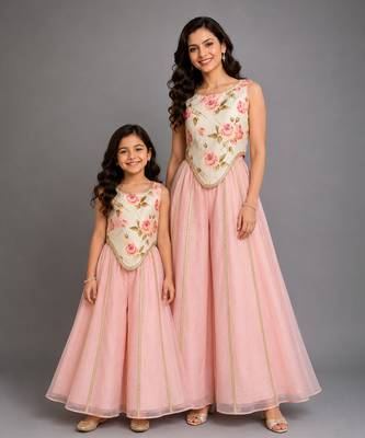 Blue pink printed cotton silk mother daughter combo co ord set 1