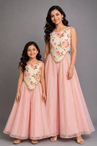 Blue pink printed cotton silk mother daughter combo co ord set