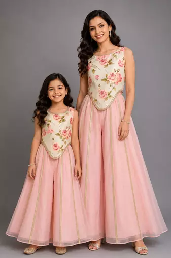 Blue pink printed cotton silk mother daughter combo co ord set