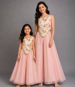 Blue pink printed cotton silk mother daughter combo co ord set