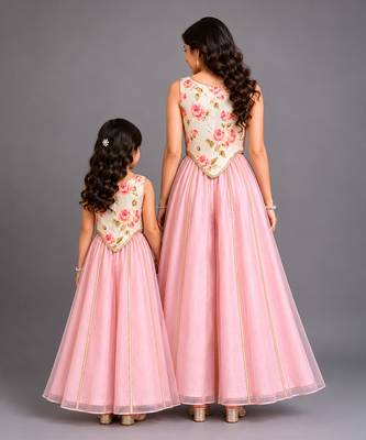 Blue pink printed cotton silk mother daughter combo co ord set 2