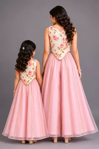 Blue pink printed cotton silk mother daughter combo co ord set