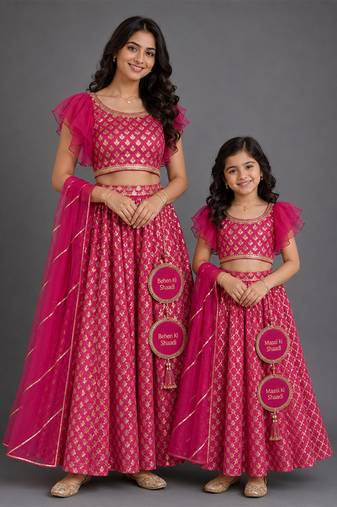Fuschia pink embroidered cotton silk mother daughter lehenga combo set