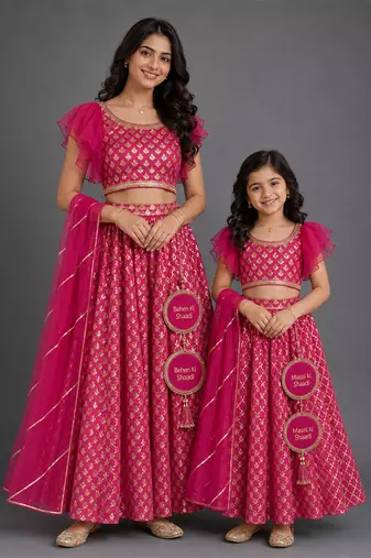 Fuschia pink embroidered cotton silk mother daughter lehenga combo set