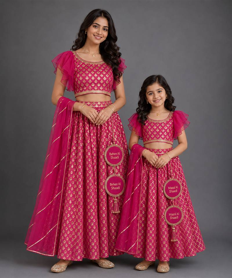 Fuschia pink embroidered cotton silk mother daughter lehenga combo set