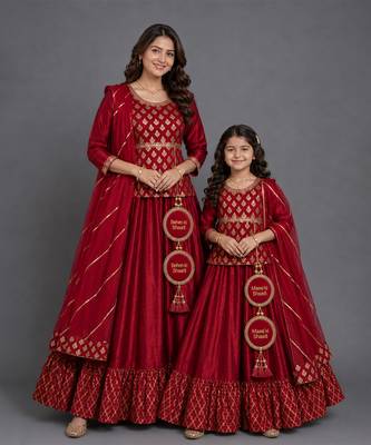 Red embroidered cotton silk kurti mother daughter lehenga combo set 1