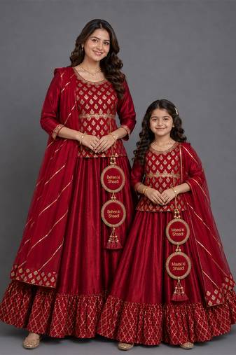 Red embroidered cotton silk kurti mother daughter lehenga combo set