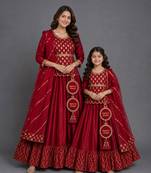 Red embroidered cotton silk kurti mother daughter lehenga combo set