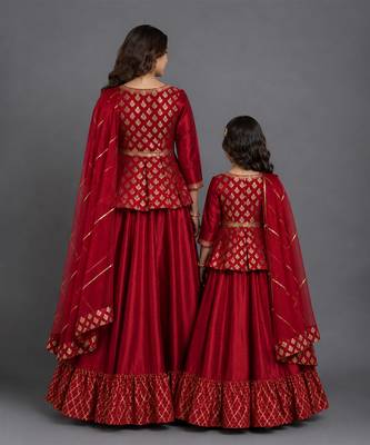 Red embroidered cotton silk kurti mother daughter lehenga combo set 2