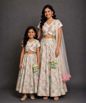 White embroidered cotton silk mother daughter lehenga combo set 1