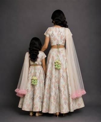 White embroidered cotton silk mother daughter lehenga combo set 2