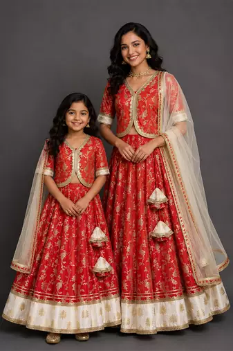 Red ivory embroidered cotton silk mother daughter lehenga combo set