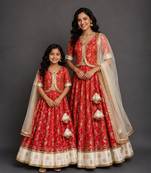 Red ivory embroidered cotton silk mother daughter lehenga combo set