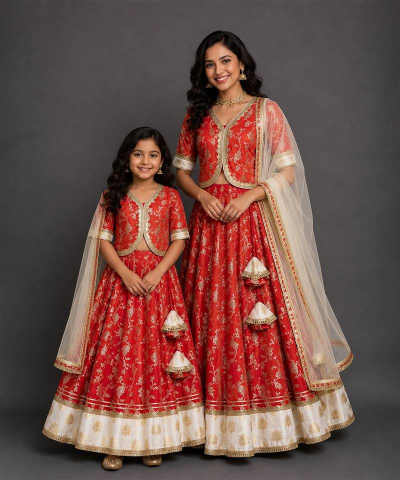 Red ivory embroidered cotton silk mother daughter lehenga combo set