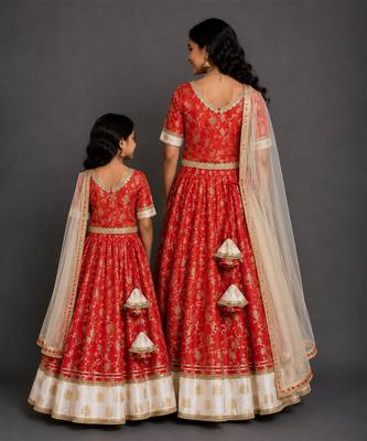 Red ivory embroidered cotton silk mother daughter lehenga combo set 2
