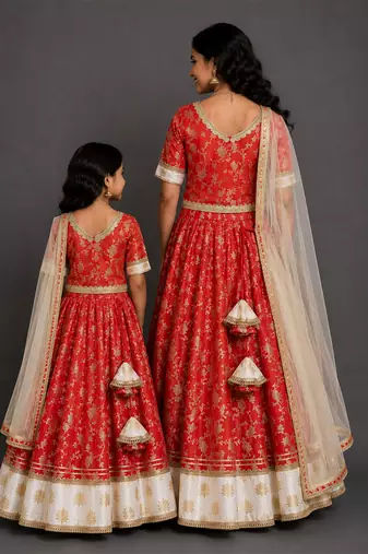 Red ivory embroidered cotton silk mother daughter lehenga combo set