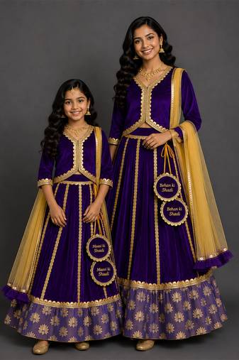Royal purple embroidered velvet mother daughter lehenga combo set