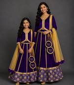 Royal purple embroidered velvet mother daughter lehenga combo set
